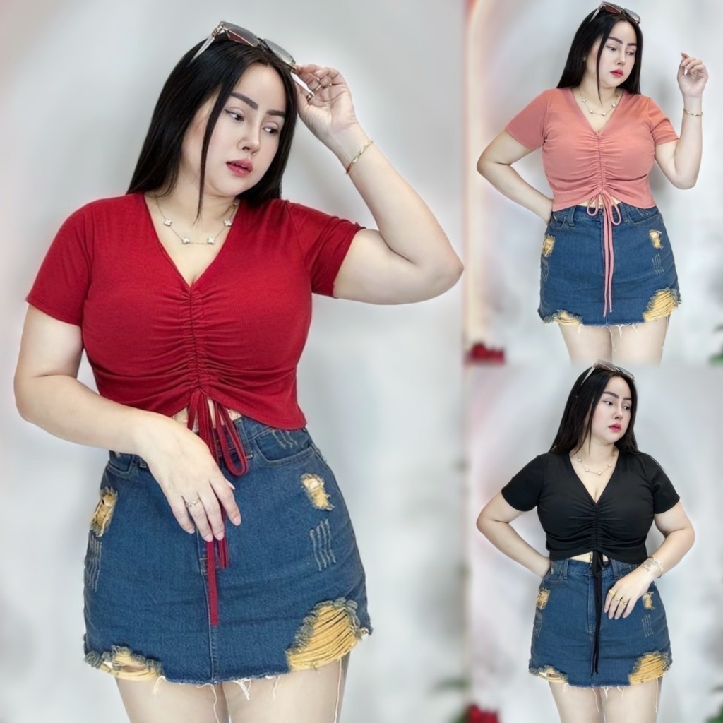 เสื้อผ้าสาวอวบอ้วน**ต๋องแฟชั่น** อก 36-44 ยาว 18 ขายดีตลอดกาล ครอปรูดหน้าคอวีผ้าพื้น