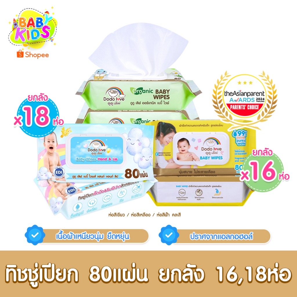[ยกลัง16,18]  DODOLOVE Baby Wipes ผ้าเช็ดทำความสะอาดสำหรับเด็ก ออร์แกนิค ห่อใหญ่ 80 แผ่น ทิชชู่เปียก