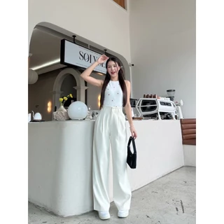T34 Momo Pants ขอบในตัว ยาว42นิ้ว กางเกงทรงกระบอกกลาง กางเกงขายาว ผู้หญิง เอวสูง พรางหุ่น พรางสะโพก ใส่ทำงาน ผ้าพริ้ว