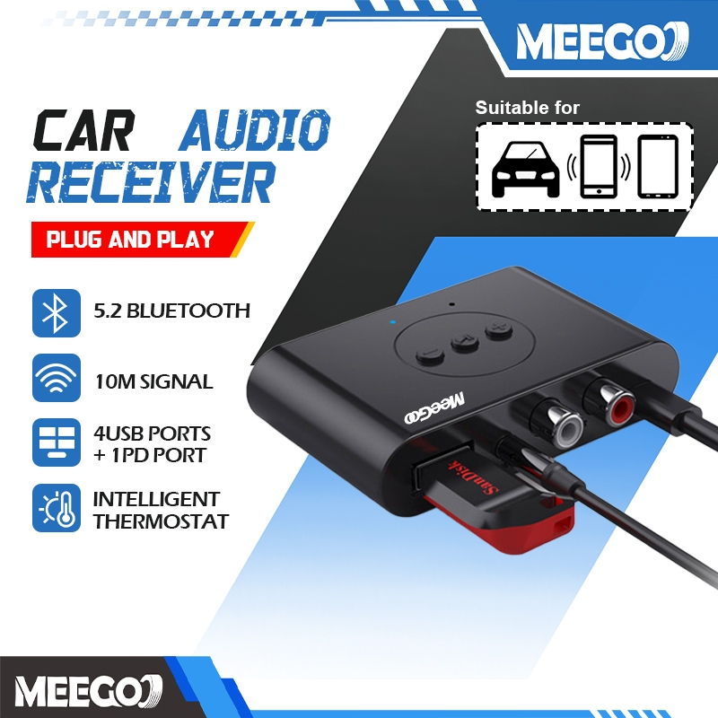 MeeGoo BT5.2 รถตัวรับสัญญาณบลูทูธ AUX USB USB charger สเตอริโอ 3.5 มม. + ซ้ายและขวา 2 - way RCA