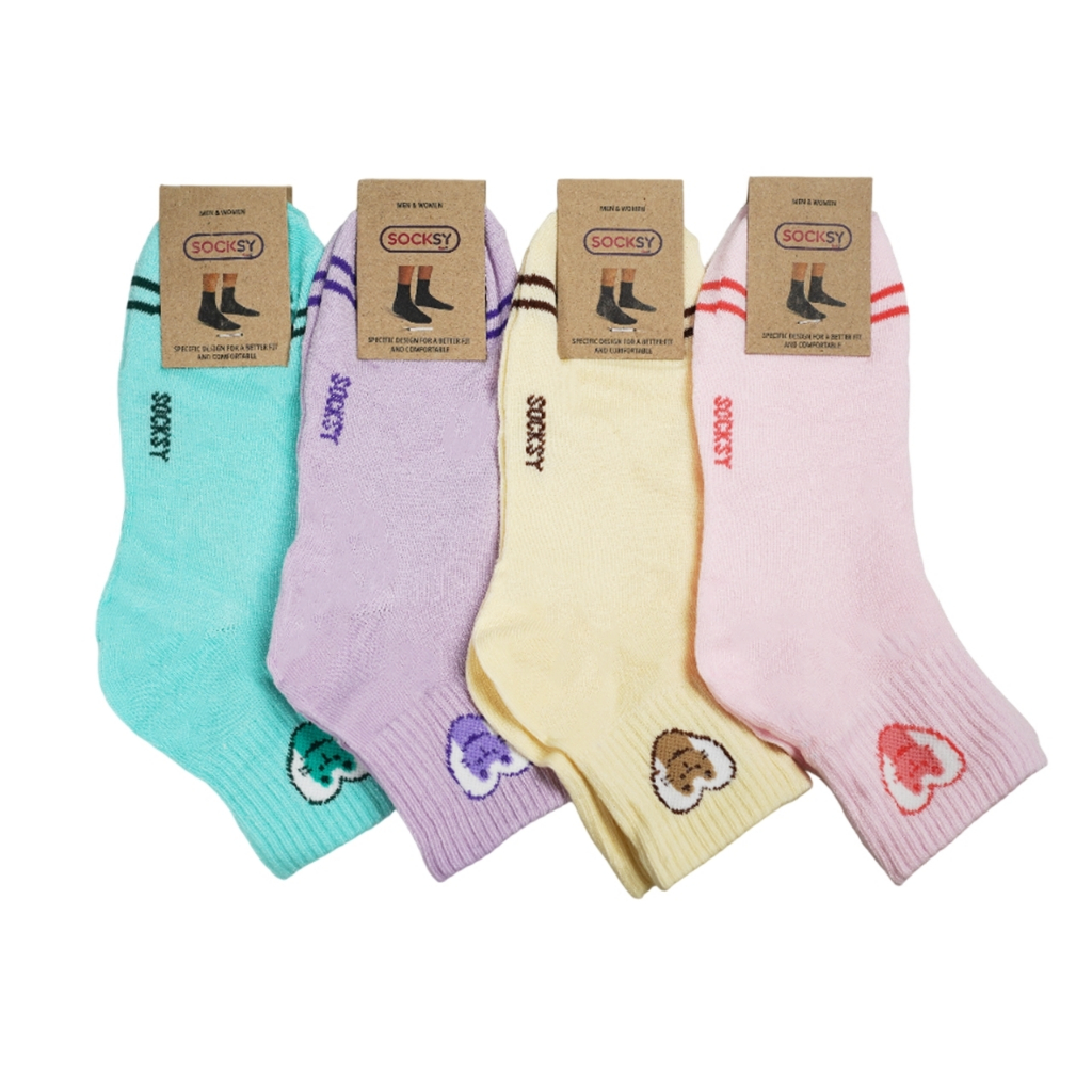 Socksy ถุงเท้าแฟชั่นลายแมว  ถุงเท้าสีพาสเทล รุ่น RC-0004 คละสี (แพ็ค 12คู่)