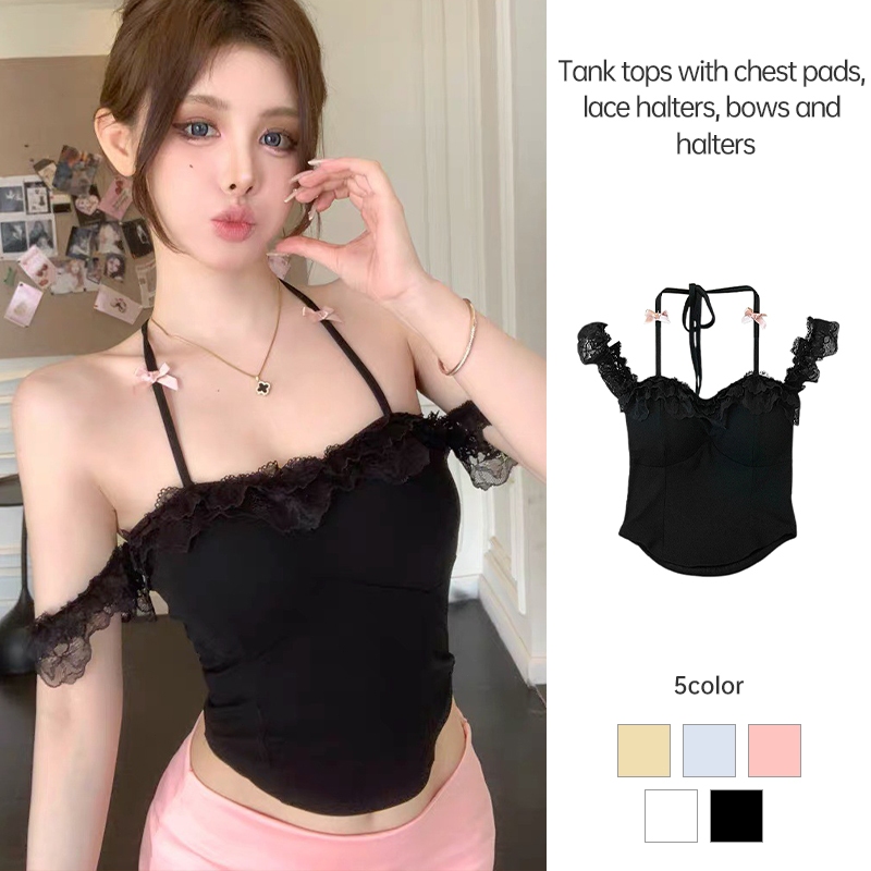 ลูกไม้แขวนคอเซ็กซี่ Bow Camisole ฤดูร้อนสาวร้อนเสื้อยืดแขนกุด BB