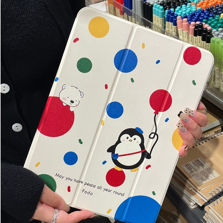 พร้อมส่ง เคสไอแพด Gen9 Air6 MINI7 ที่ใส่ปากกา เพนกวินลายจุดสีสันสดใสเคส iPad Pro11 2024 Gen10 Air5