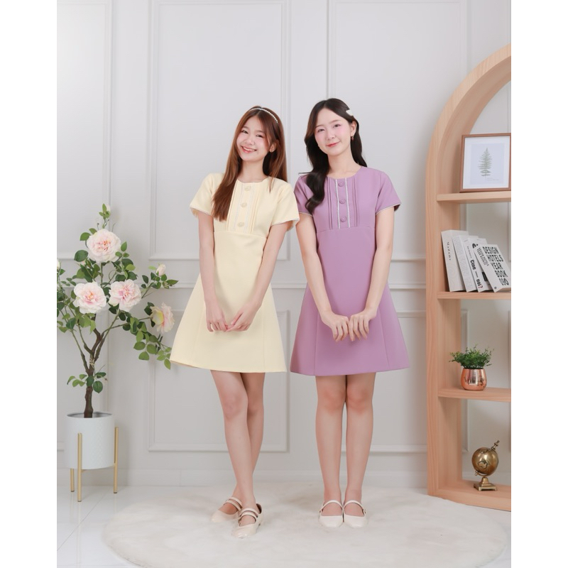 Irene dress from Techinee_brand(เดรสแขนสั้นแต่งปอมๆจิ๋ว)