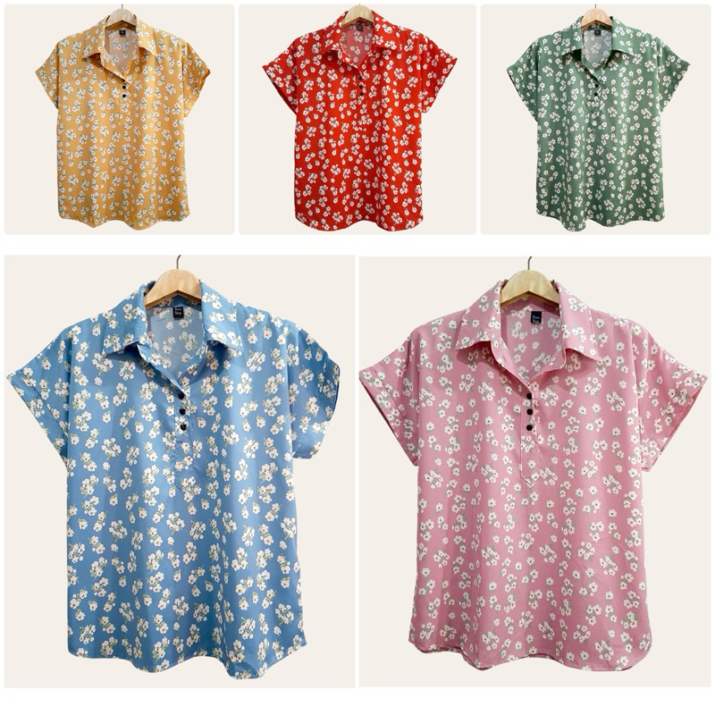 (อก 44”) เสื้อคอปก เเขนสั้น ลายดอก ผ้าไหมอิตาลี ไม่ต้องรีด