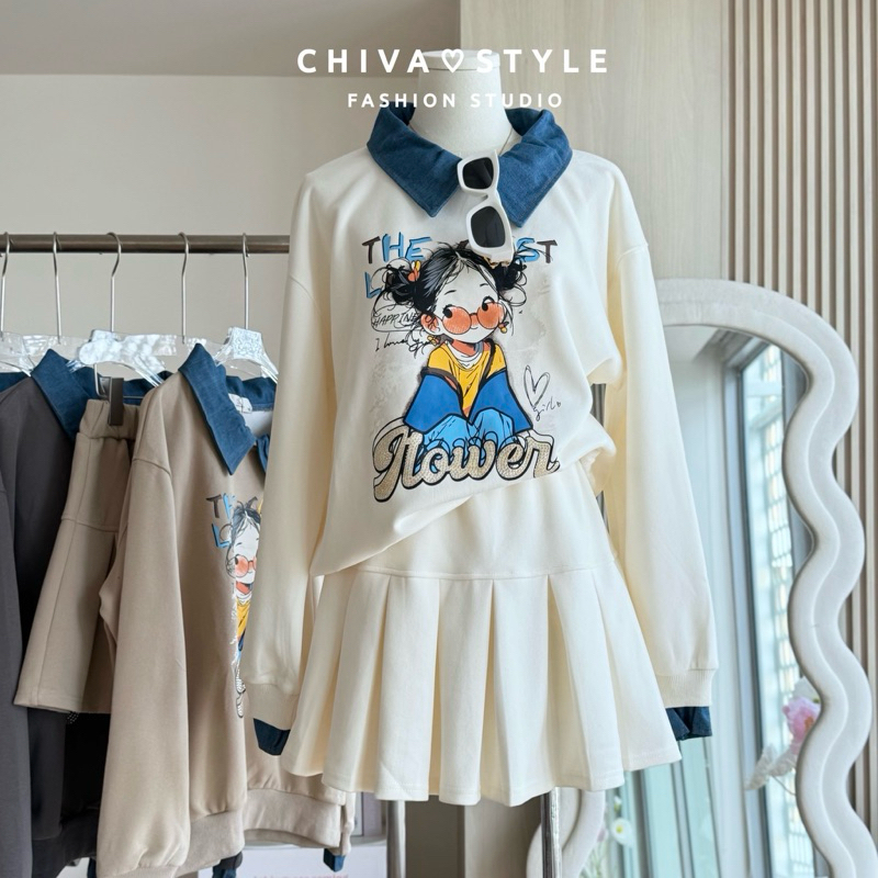 -𝐂𝐡𝐢𝐯𝐚- พร้อมส่ง ชุดกันหนาว เซ็ตสเวตเตอร์+กระโปรงจีบรอบ ผ้าหนาและนิ่ม(