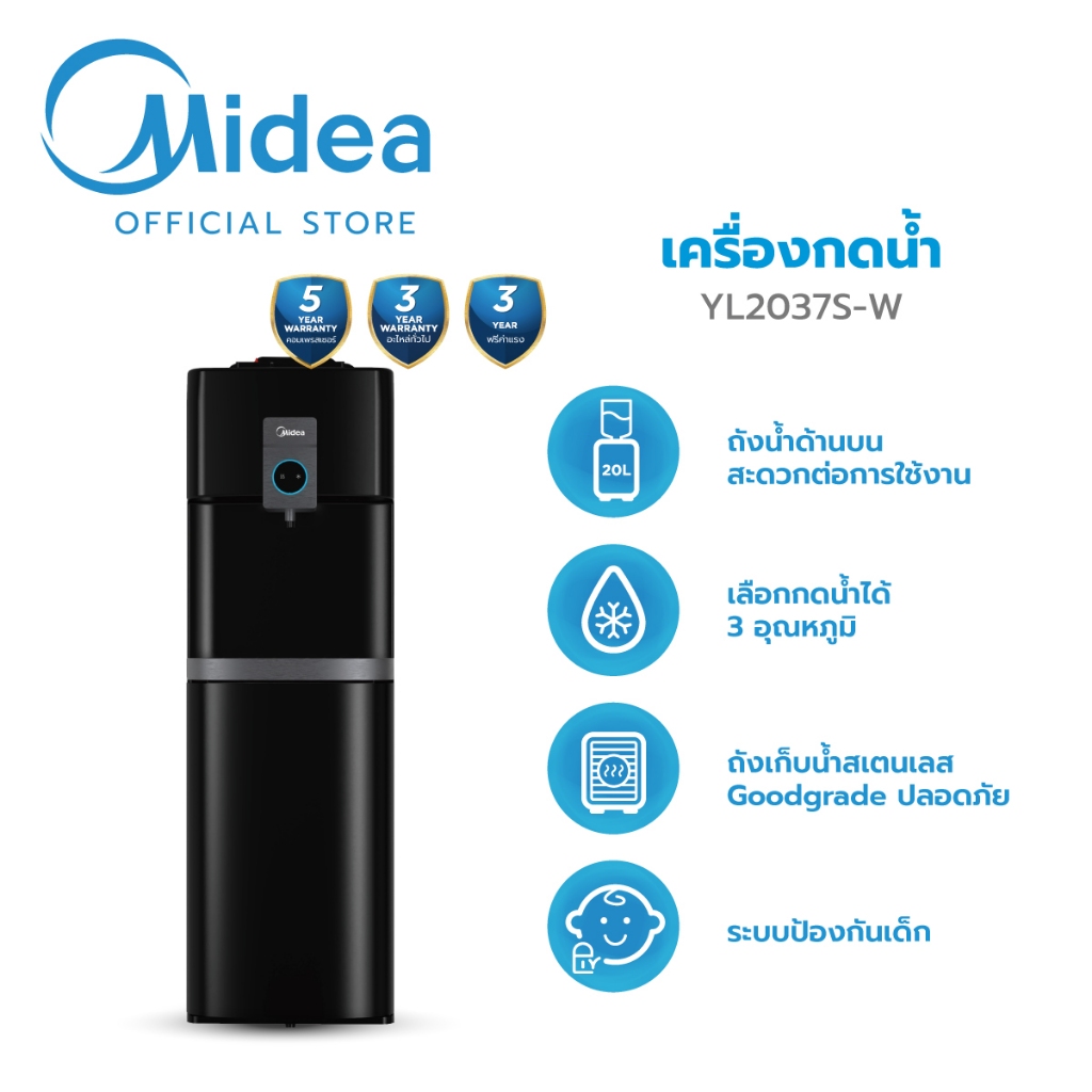 Midea เครื่องกดน้ำ 3 อุณหภูมิ แบบติดตั้งถังน้ำด้านบน  รุ่น YL2037S-W