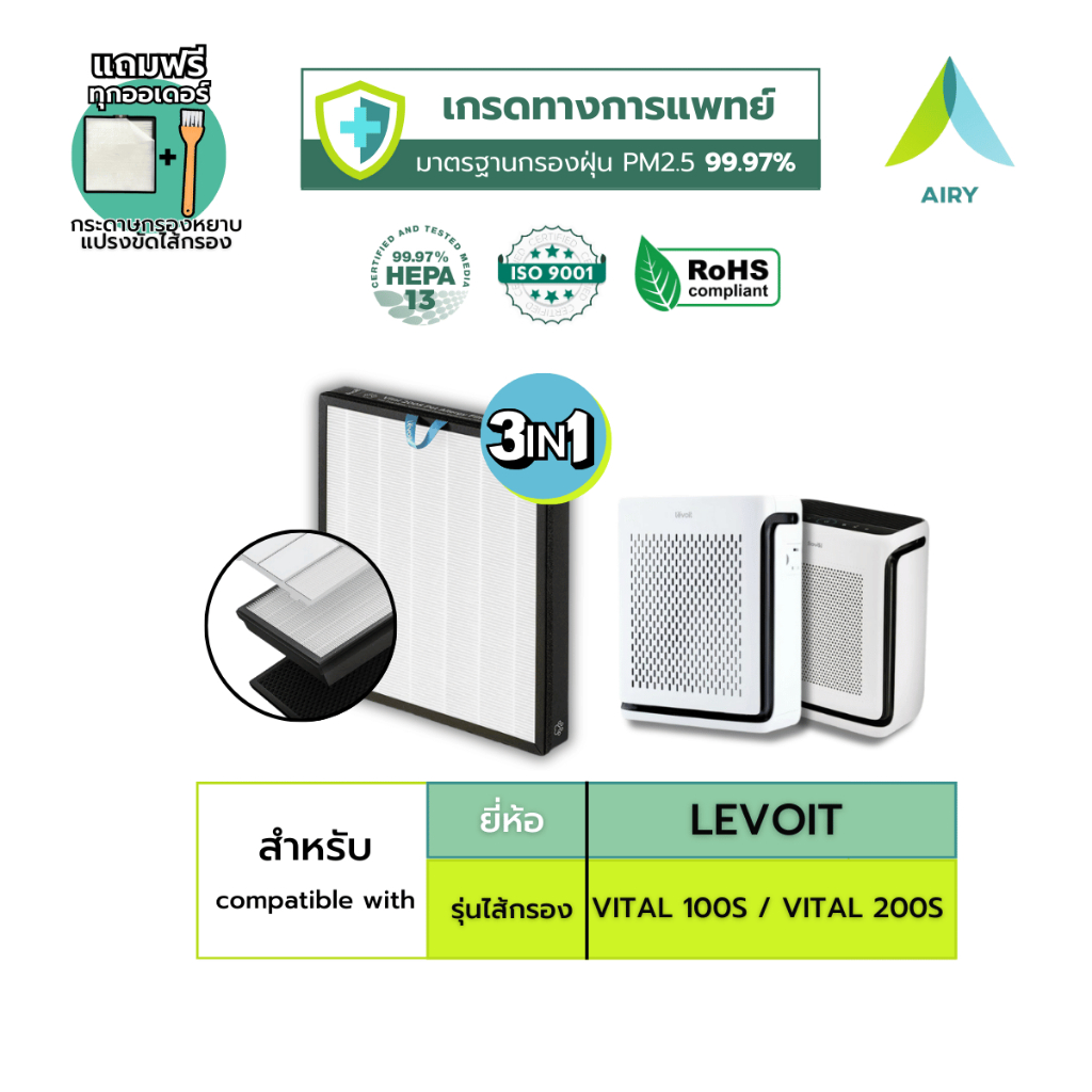 AIRY ไส้กรองอากาศ ไส้กรอง 3IN1 LEVOIT 100S 200S กรอง PM2.5 ไวรัส สัตว์เลี้ยง เกรดแพทย์ HEPA H13