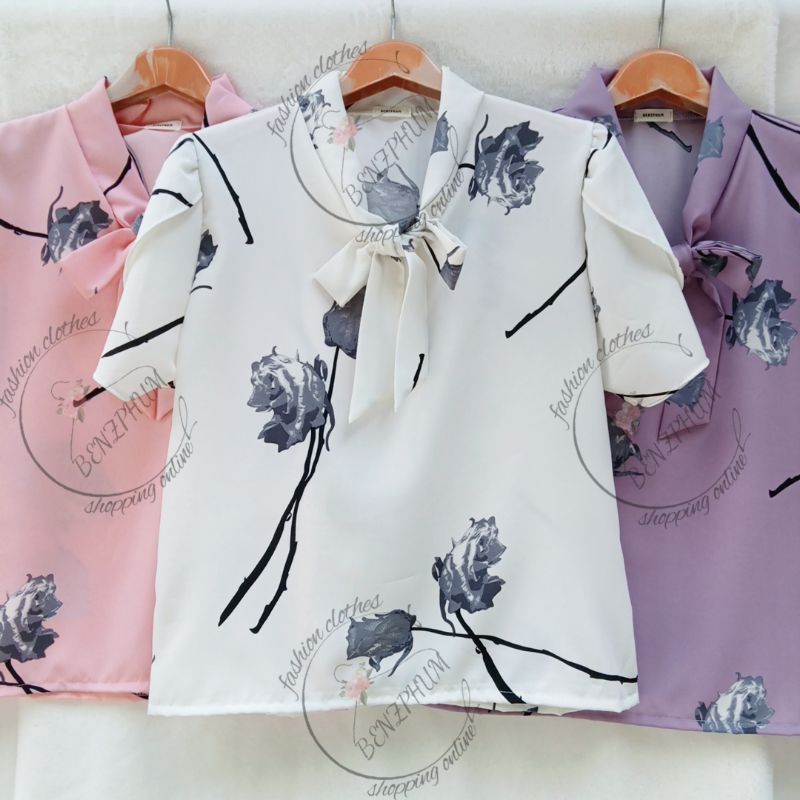 เสื้อคอผูก แขนกลีบบัว เสื้อแฟชั่นผู้หญิงรอบอก40นิ้ว