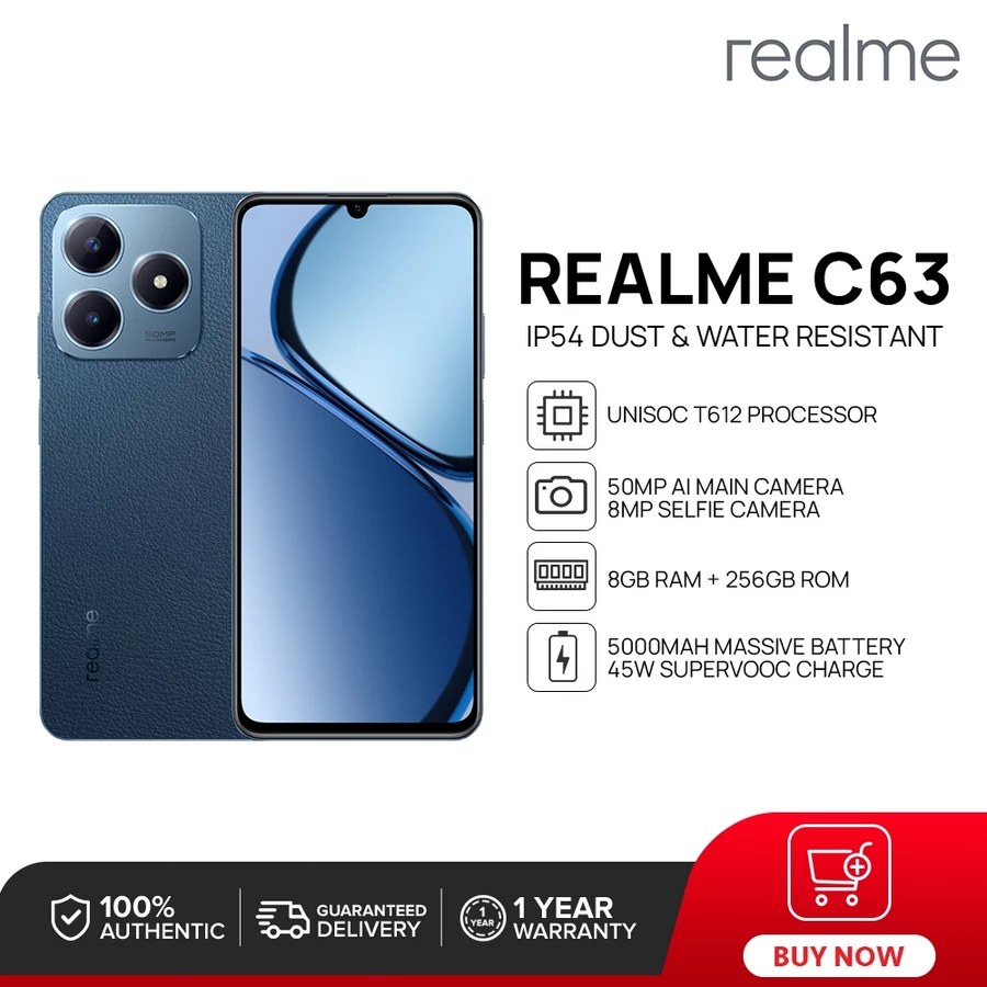 Realme C63 8+128GB สมาร์ตโฟนชาร์จไว ดีไซน์ระดับเรือธง ชาร์จเร็ว 45W บางเฉียบเพียง 6.74 มม แบตเตอร์ 5000 mAh