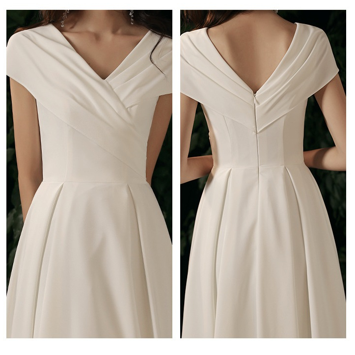 (Dress5-239)พร้อมส่ง Wedding Dress  เดรสแต่งงาน คอวี Korea Style เดรสมีแขน ถ่ายพรีเวดดิ้ง เดรสขาว - รูปที่ 2