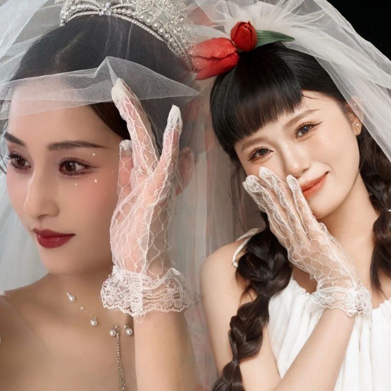 ส่งของภายใน 24 ชั่วโมง ถุงมือตาข่ายเจ้าสาวแบบสั้น&ยาว ถ่ายพรีเวดดิ้ง งานเลี้ยง ถุงมือแฟชั่น