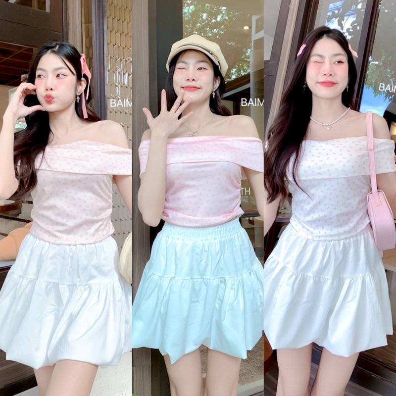 aimorn_shop เสื้อปาดไหล่ เย็บย่นช่วงเอว ใส่เข้ารูปดูแล้วหุ่นดีมากค้าา ผ้าร่องพิมพ์ลายดอก งานใส่น่ารักมากก