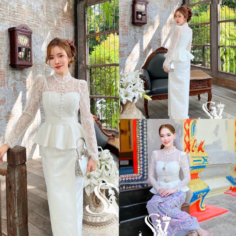 ✅พร้อมส่ง✅✨🤍เสื้อลูกไม้แขนยาว  ชุดไทยสีขาว เรียบหรู ชุดไทยใส่ทำบุญ ชุดใส่งานหมั้น ชุดใส่งานบวช ผ้าถุงสำเร็จรูป