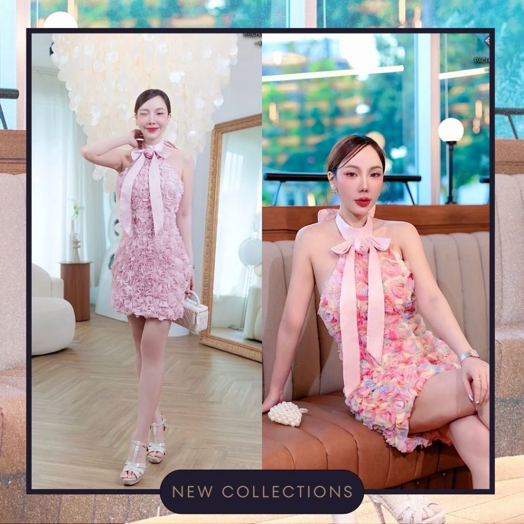 S-XL 2 สี เดรสออกงาน เดรสดอกไม้3D งานป้าย PACHARA ชุดเดรสน่ารัก เดรสสั้นสีชมพู เดรสงานแต่ง