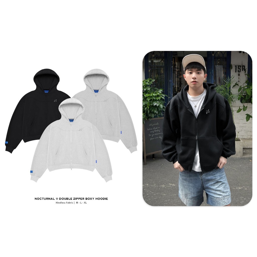 NOCTURNAL Hoodie Double Zipper Boxy ทำจากผ้า 2 ชั้นกันแดด Hindless Fabric สำหรับผู้ชายและผู้หญิง แบรนด์ท้องถิ่น