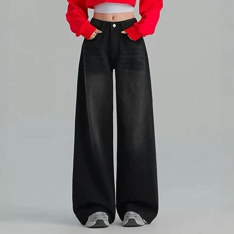 [XS-6XL] jinjeans กางเกงทรงกระบอกไซส์ใหญ่สีดำฟอก แต่งเฟด งานจริงสีเฟดไม่ใช่ชัด (607สีดำ)