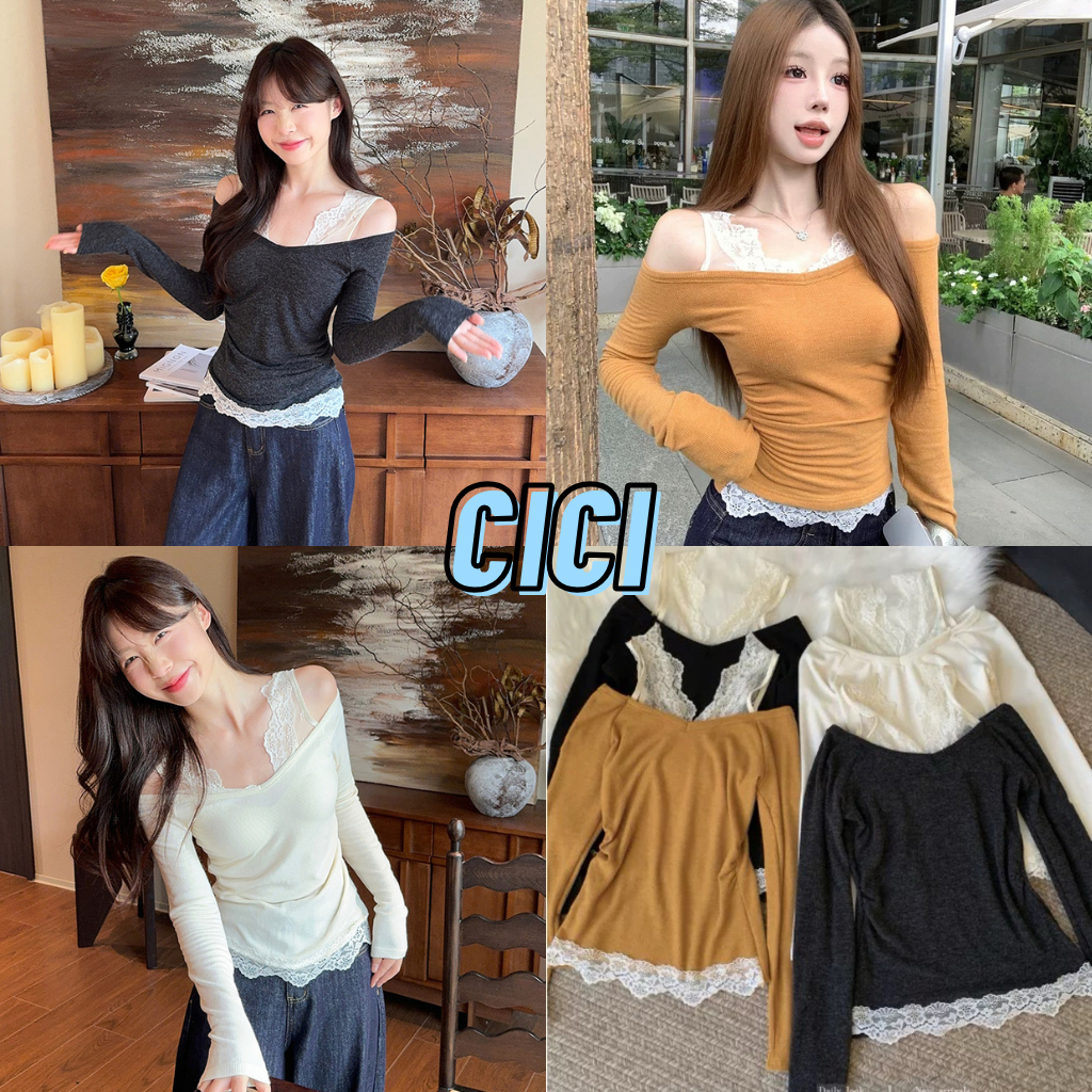 ส่งทันที Cici(NO. J1510) เสื้อแขนยาวไหมพรมปาดไหล่ 2 เลเยอร์ แต่งลูกไม้ สไตล์เกาหลี