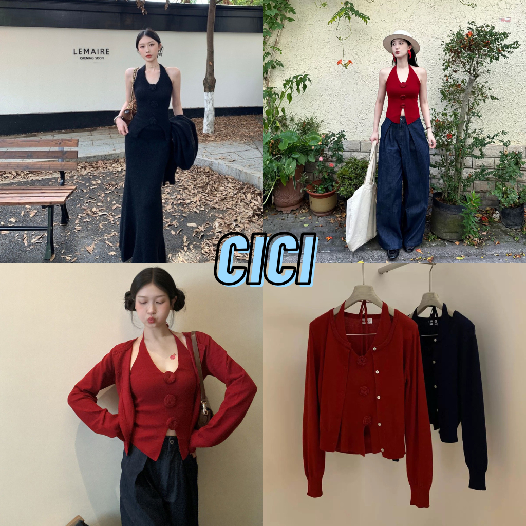 Cici(NO.C1968)Set2ชิ้น เสื้อคลุม+สายเดี่ยวคล้องคอ ไหมพรมสาวแซ่บควรตำ