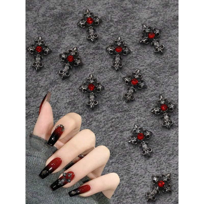 AC.1162 ร้านไทย ขายปลีก 1 ชิ้น พร้อมส่ง อะไหล่แต่งเล็บสีเงินรมดำรูปไม้กางเขนประดับด้วยเพชรสีแดง