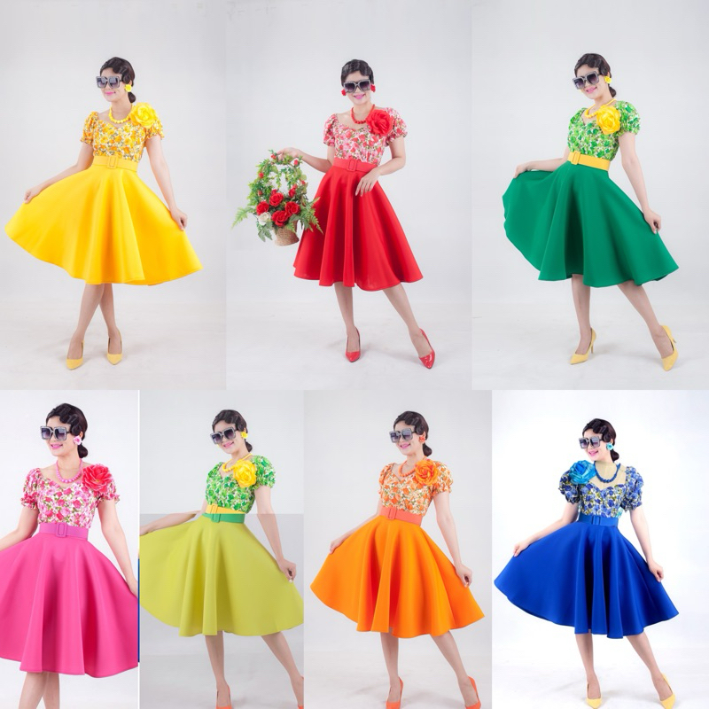 เซตเสื้อแขนตุ๊กตากระโปรงสีพื้น ชุดย้อนยุค ชุดทองกวาว (ครบเซต)