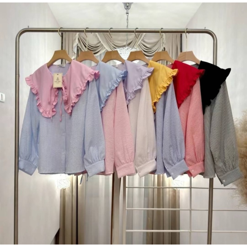 เสื้อคอปกใหญ่ (ลายริ้วเล็ก) แขนบอลลูน Over size