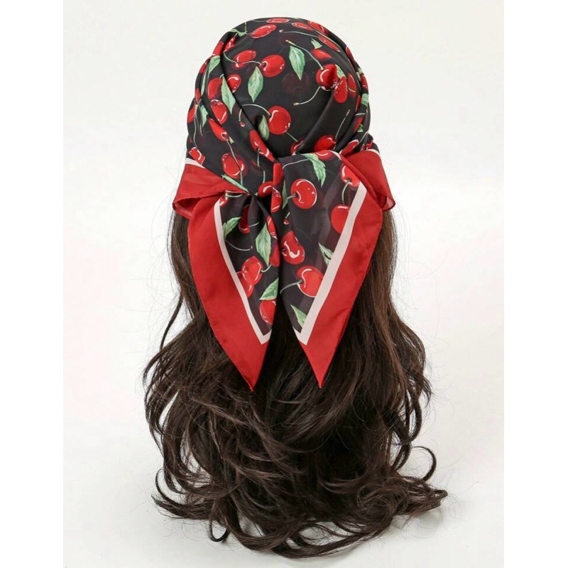 🍒ผ้าคลุมผม/โพกหัว ผ้าพันคอ(ผ้า Polyester)ลายเชอรี่ ขนาด70x70ซม (ผ้าพิมพ์ลาย/สี/เส้นอาจไม่เสมอกัน) พร้อมส่ง