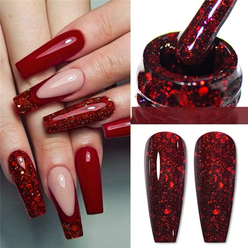 [10/15ml]ยาทาเล็บเจล กากเพชรสีแดง หัวใจ สีแดงมะเหมี่ยวเนื้อกากเพชร สีแดงฉ่ำสุดๆ(สีเจลต้องเข้าเครื่องอบเล็บให้สีแห้ง)