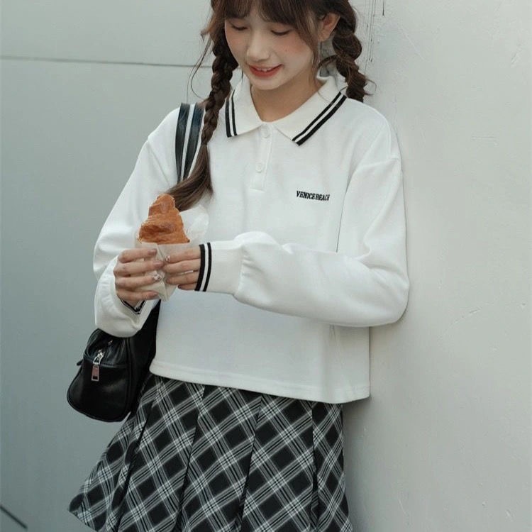 Coco~เสื้อกันหนาว แขนยาว สีทึบ สไตล์นักเรียน เวอร์ชั่นเกาหลี