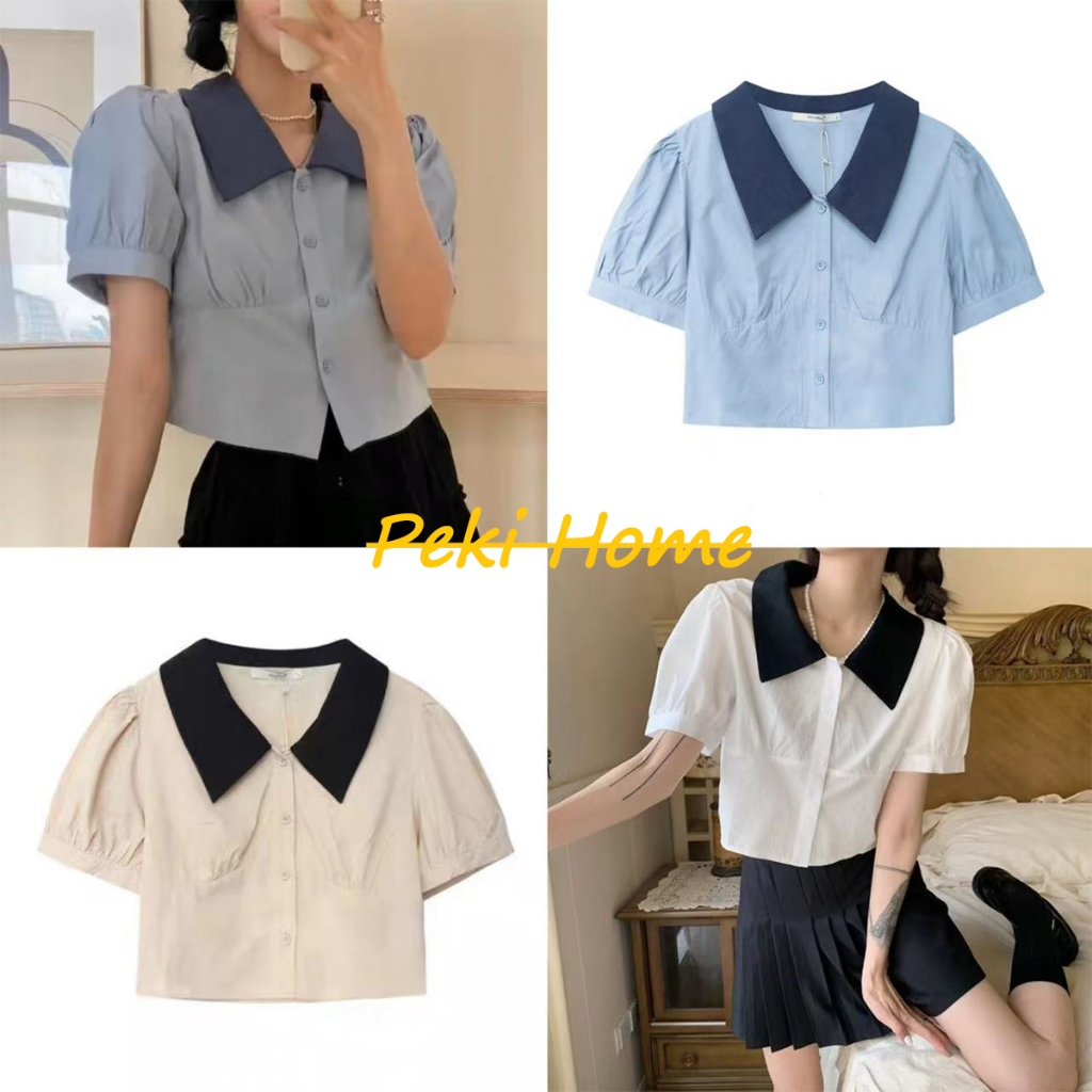 เสื้อเชิ้ตแขนสั้นโปโลทรงสั้นสไตล์ฝรั่งเศส แขนป่อง