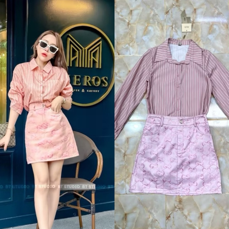 (m-4xl) ชุดเซตกระโปรง เสื้อเชิ้ต+กระโปรง ผ้าอัดกาว งานป้าย amelia