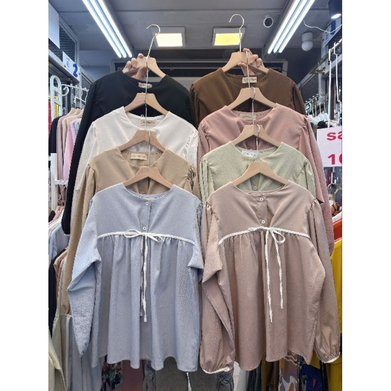 🚨 No 889 เสื้อแขนยาวคอกลมกุ้นปลายแขนกับ กุ้นอกสลับสีแขนยาวพอง ชุดอิสลาม สาวอิสลาม แฟชั่นมุสลิม เสื้อแขนยาว