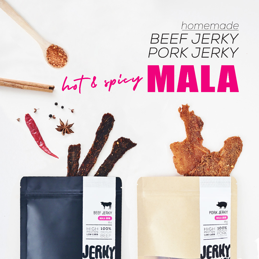 MALA LOVER SET OF 2, MALA BEEF JERKY + MALA PORK JERKY เนื้อเจอร์กี้ เนื้อวัวอบแห้ง เนื้อหมูอบแห้ง ขนมพร้อมทาน โปรตีนสูง
