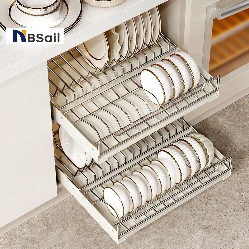 NBSail ชั้นวางจาน ตู้เก็บเครื่องปรุงบิวท์อิน ชั้นวางจานแบบลิ้นชักพร้อมรางเลื่อน ชั้นวางของในครัว Dish Rack New