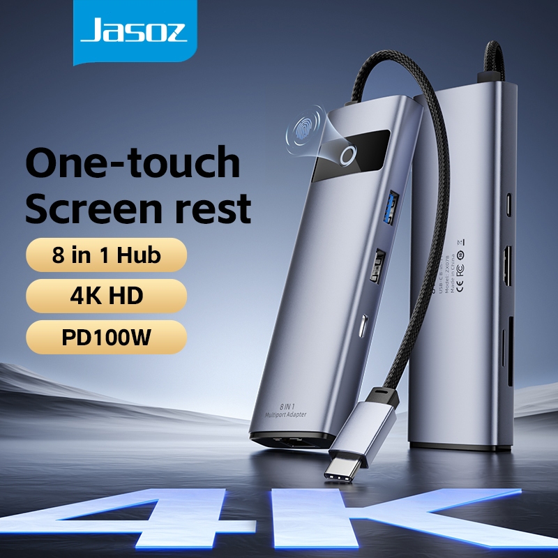 ⚡COD⚡Jasoz 8 in 1 Type C Hub Adapter อะแดปเตอร์ฮับ USB C เป็น USB 3.0 HDMI RJ45 การ์ดรีดเดอร์ SD TF