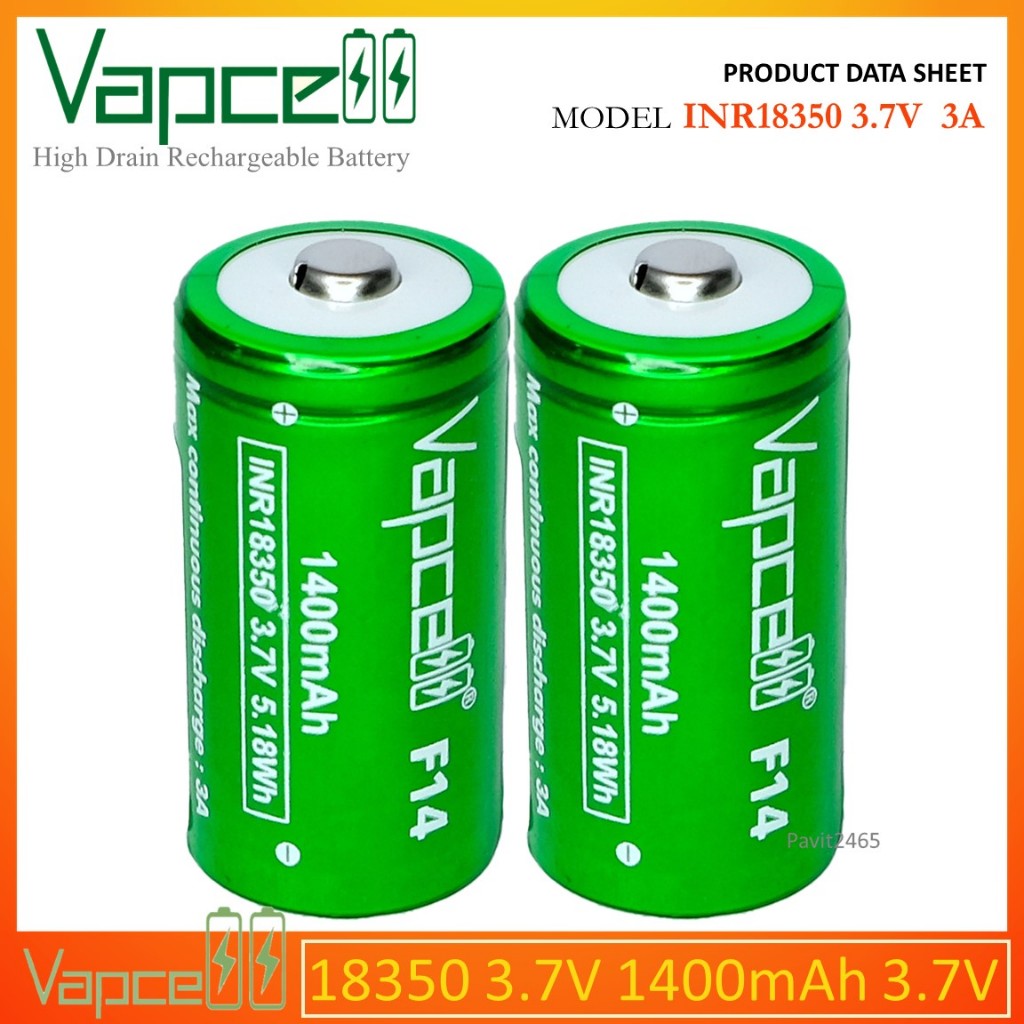 [หัวนูน] ถ่านชาร์จ Vapcell 18350 F14 1400mAh Li-ion 3.7V สีเขียว