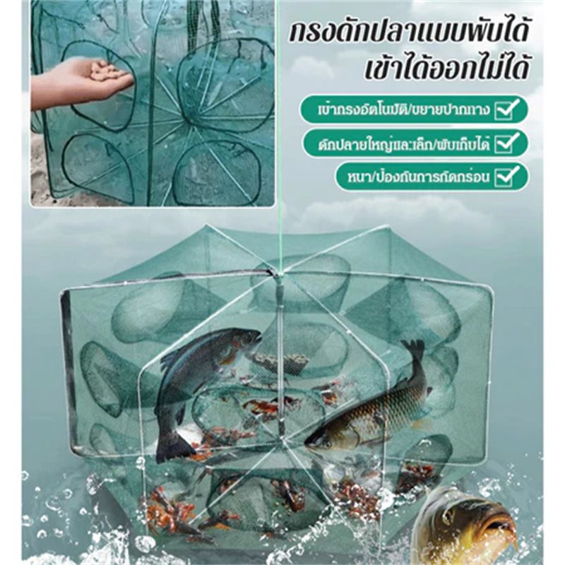 กรงกุ้ง กรงดักปลาแบบพับได้อัต สุทธิกั้งจับกุ้งกับดักกรงจีนตาข่าย  ตาข่ายกุ้งก้ามกราม [เครื่องวิเศษจับปลา] 6/8/10