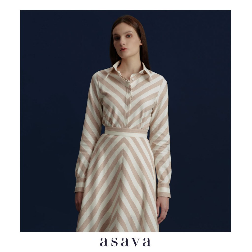 [asava aw24] Avianna Long Sleeve Shirt เสื้อเชิ้ตผู้หญิง แขนยาว กระดุมหน้า ผ้าตัดต่อลายทาง