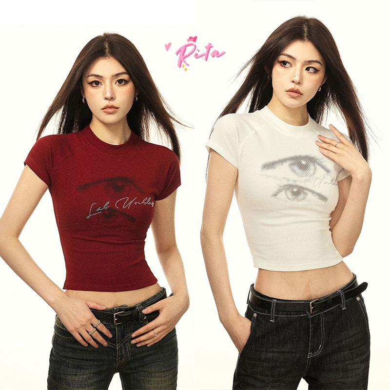 Rita พร้อมส่ง เสื้อยืดแขนสั้น เสื้อรัดรูป คอกลม ทรงเอวลอย Y2K เสื้อครอปแฟชั่นผู้หญิง พิมพ์ลายตา น่ารัก สไตล์เกาหลี