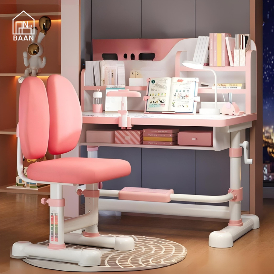 Naibaan โต๊ะหนังสือเด็ก ปรับความสูงโดยใช้การหมุน สี ฟ้า/ชมพู พร้อมเก้าอี้ ใช้ได้ตั้งแต่อายุ 2-15 ขวบ
