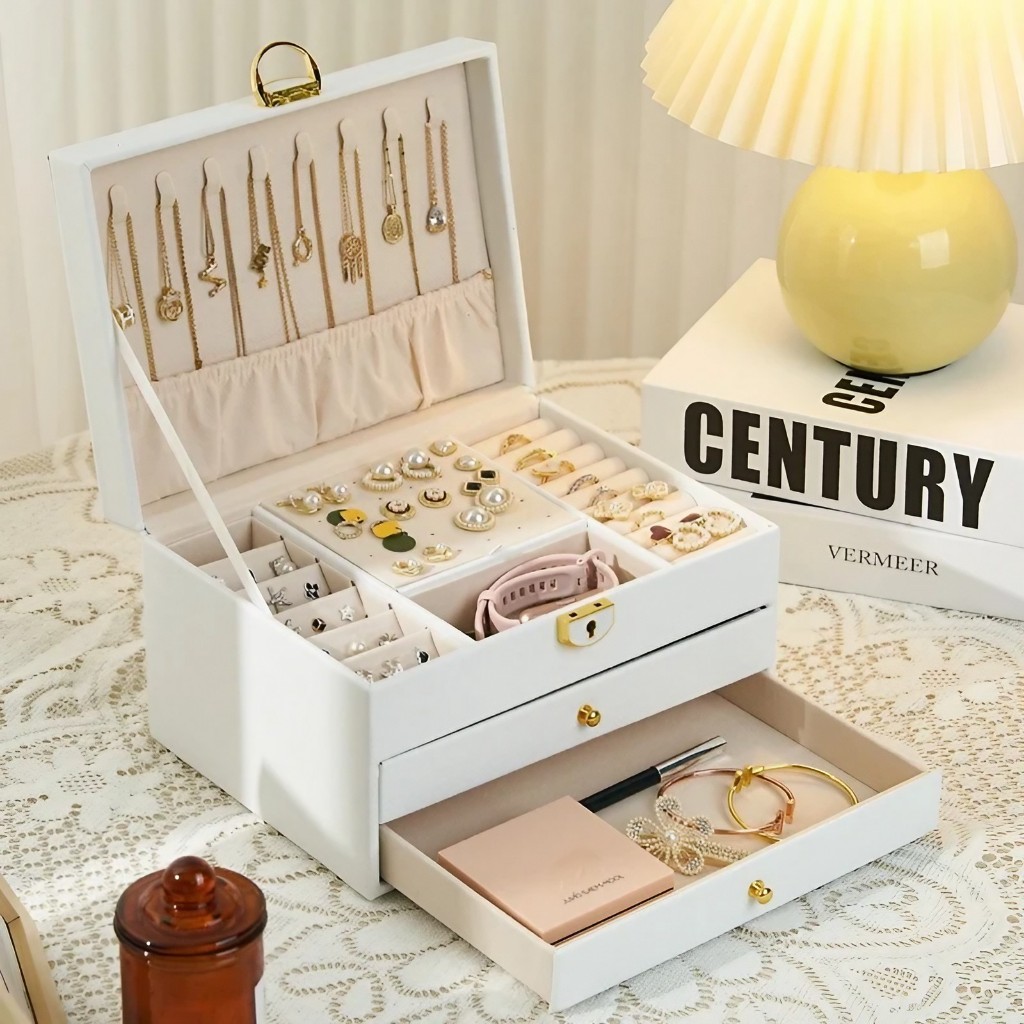 กล่องใส่เครื่องประดับหนัง  กล่องเก็บต่างหู กล่องใส่เครื่องประดับอะคริลิคบุกํามะหยี่3/1ชั้น