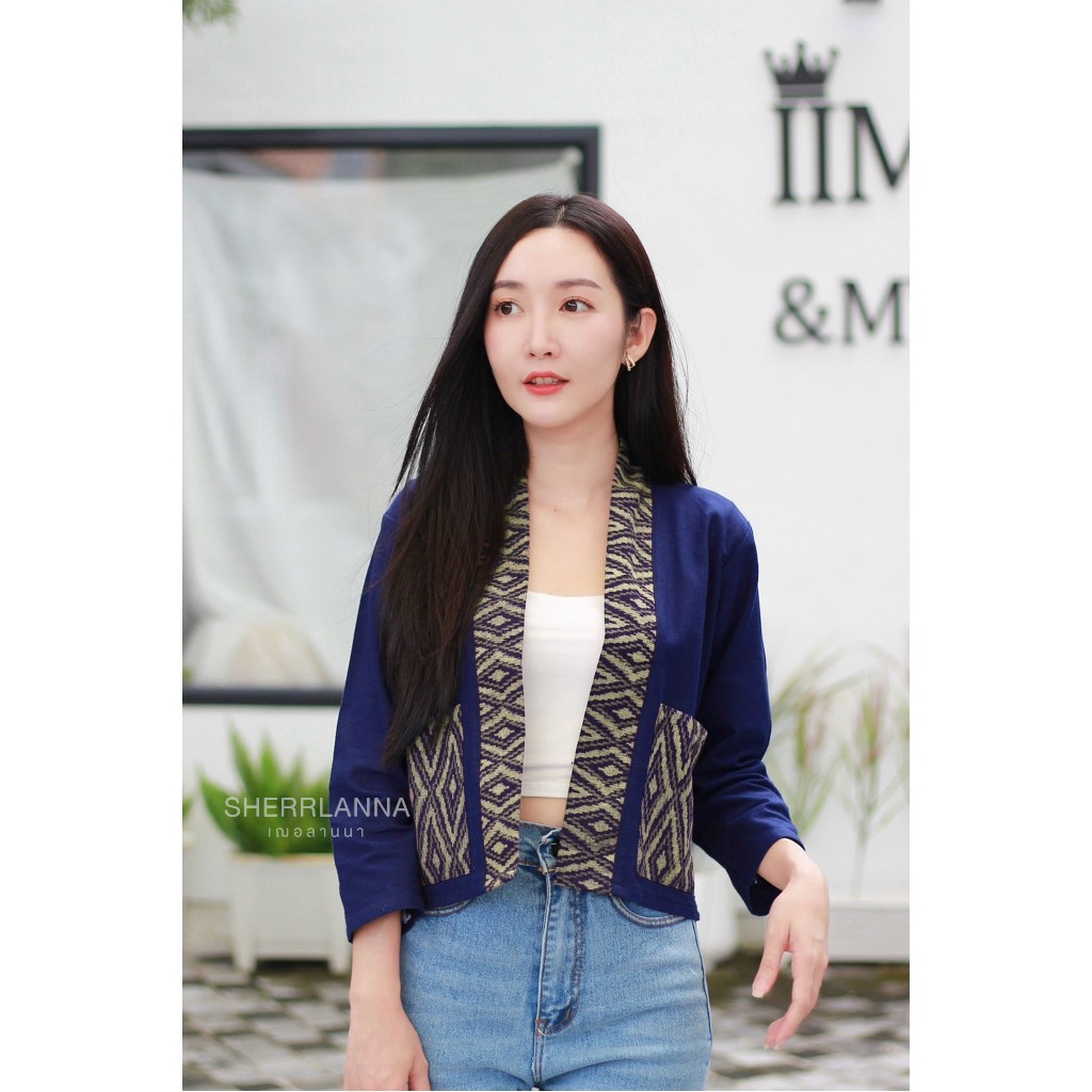 เสื้อคลุมครอปผ้าฝ้ายพื้นเมืองขอบผ้าพิมพ์ลาย