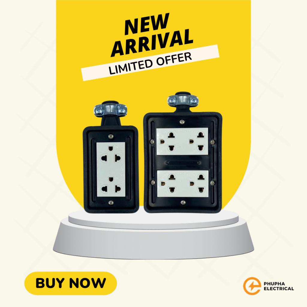 บล็อกยาง +เต้ารับกราวด์คู่ 2 ช่อง/ 4 ช่อง รุ่นใหม่ หน้าเหล็กแท้สีดำ