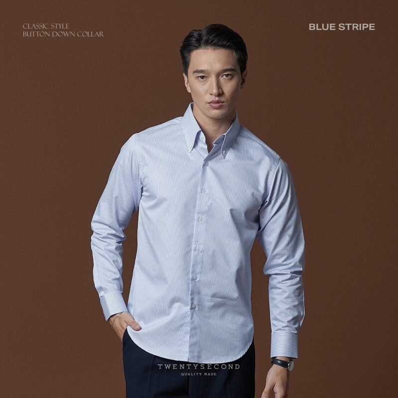 TWENTYSECOND เสื้อเชิ้ตแขนยาว ปกกระดุม ทรง Slim fit รุ่น Wrinkle Free Shirt - ลายทางฟ้า / Blue Strip