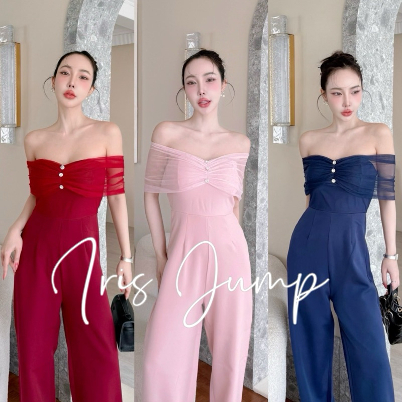 Wendystore182(Iris Jump)ชุดจั้มเกาะอก แต่งผ้ามุ้งปาดไหล่