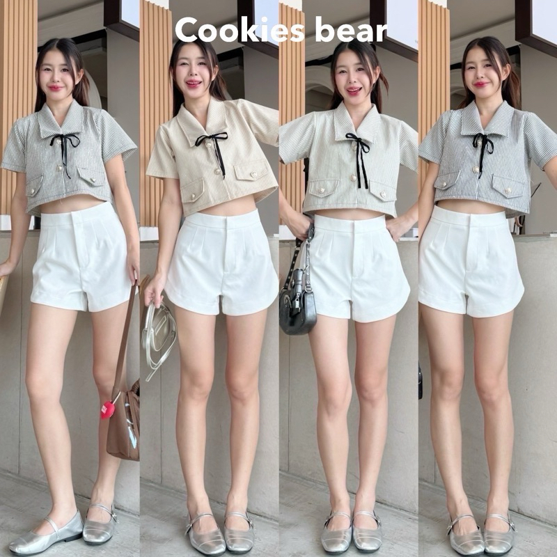 A151 - Cookies Bear เสื้อเชิ้ตแขนสั้นผ้าทวีตลายริ้วติดเพชร