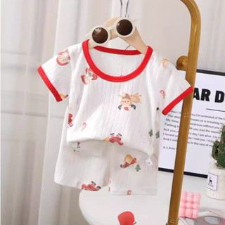 ชุดผ้าฝ้ายใยไผ่เนื้อนิ่ม พร้อมส่งในไทย แขนสั้น ขาสั้นลายการ์…