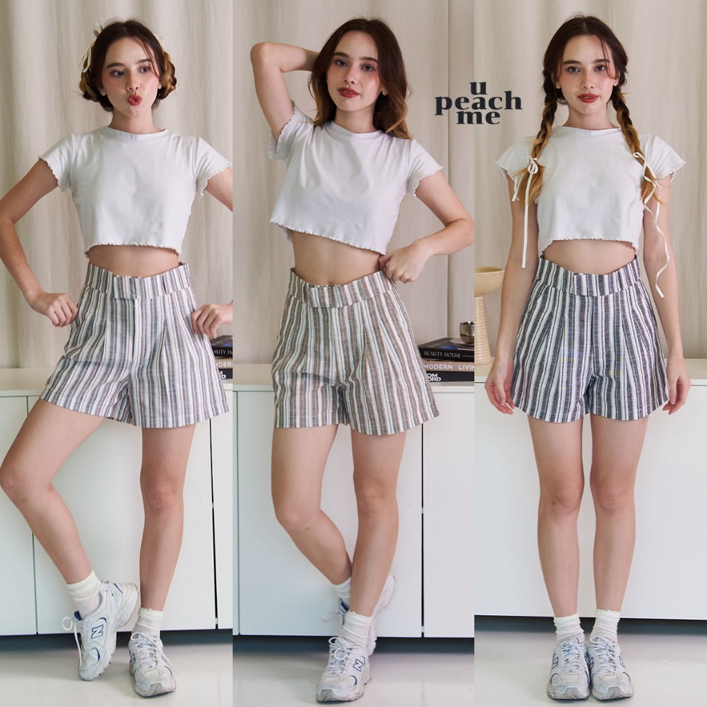 *มีส่งด่วน* upeachme(G6) MONICA STRIPED SHORTS (S-3XL) กางเกงขาสั้นลายทางผ้าลินินคอตตอน