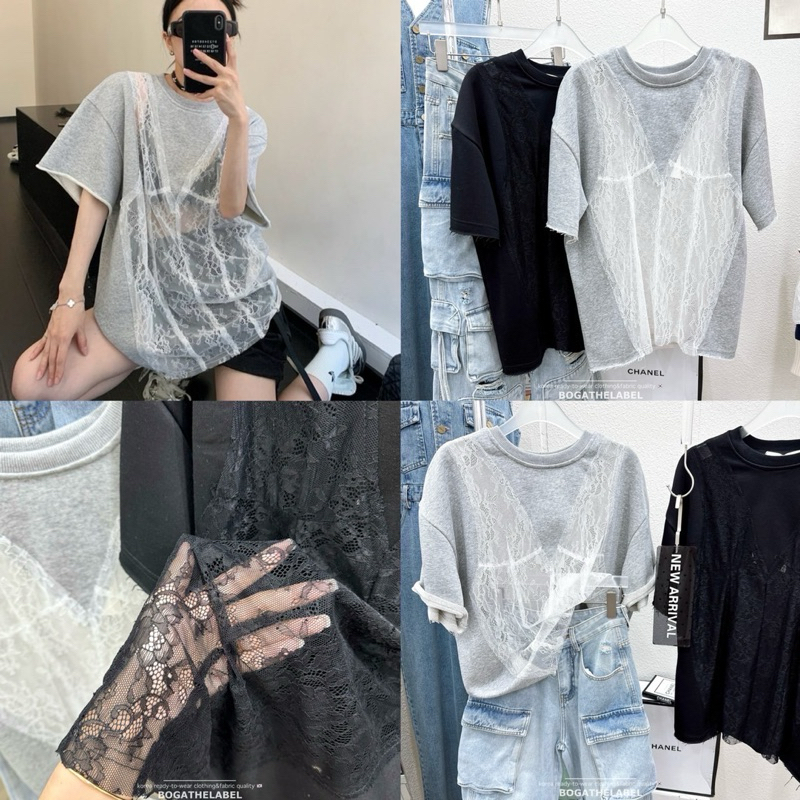 • See-through lacy tee เก๋ๆ เสื้อยืดตัดต่อลูกไม้ซีทรูด้านหน้า งานลูกไม้ซีทรูนิ่ม