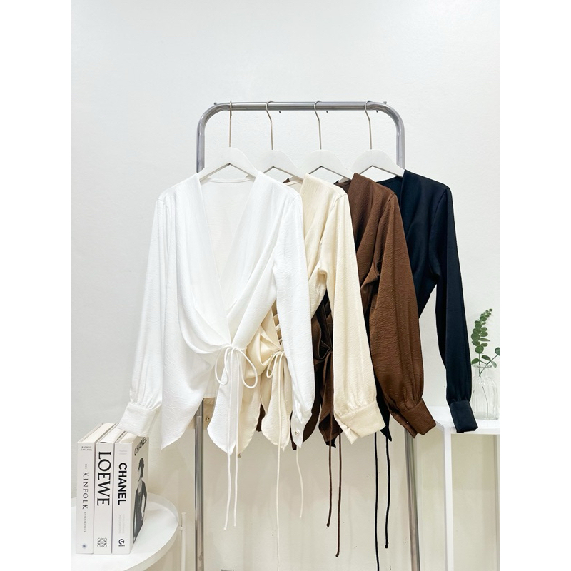 เสื้อซาตินแขนยาว งานผูกโบว์ไคว่เอว พร้อมส่ง